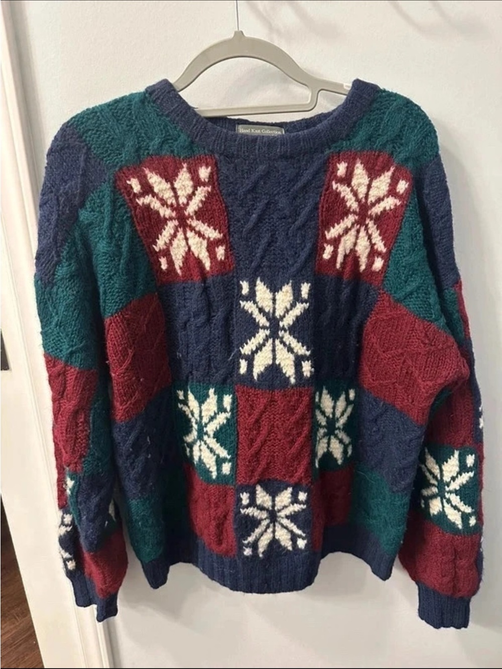 Patchwork Snowflake Crewneck Sweater - Navy, Teal & Burgundy L